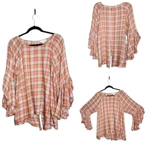 Lauren Conrad flowy bellsleeve Plaid blouse.